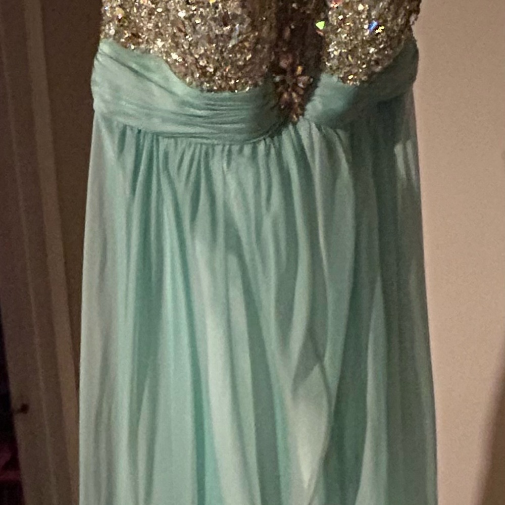 Nina Canacci Mint Green Chiffon Gown with Gold Sequin Bodice